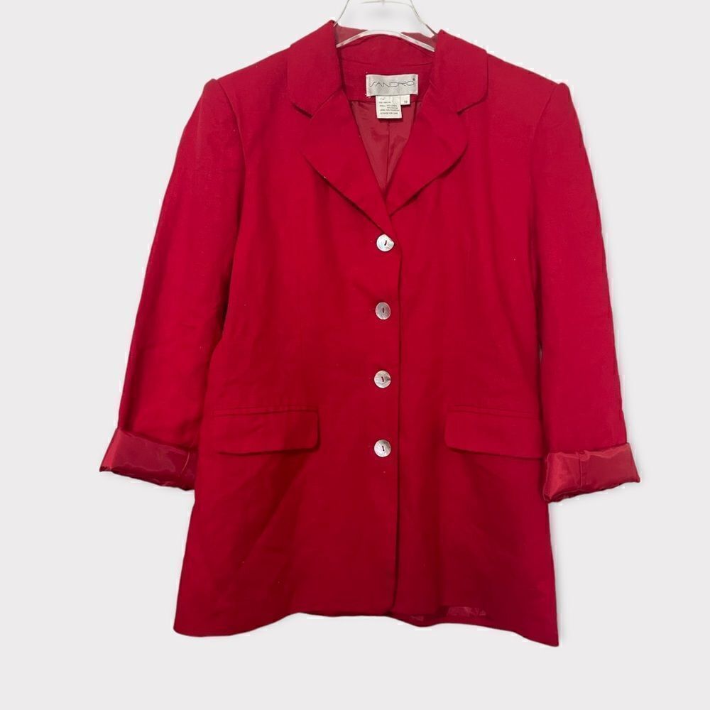 Sandro Linen Blend Oversized Red Blazer Mother of Pearl Buttons Size 10